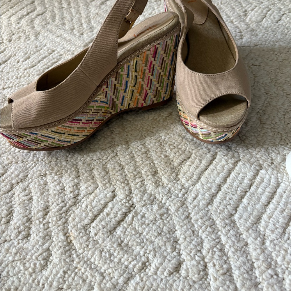 Pretty multi color wedge with canvas top. Worn once. 6.5 M. 3.5” wedge.
